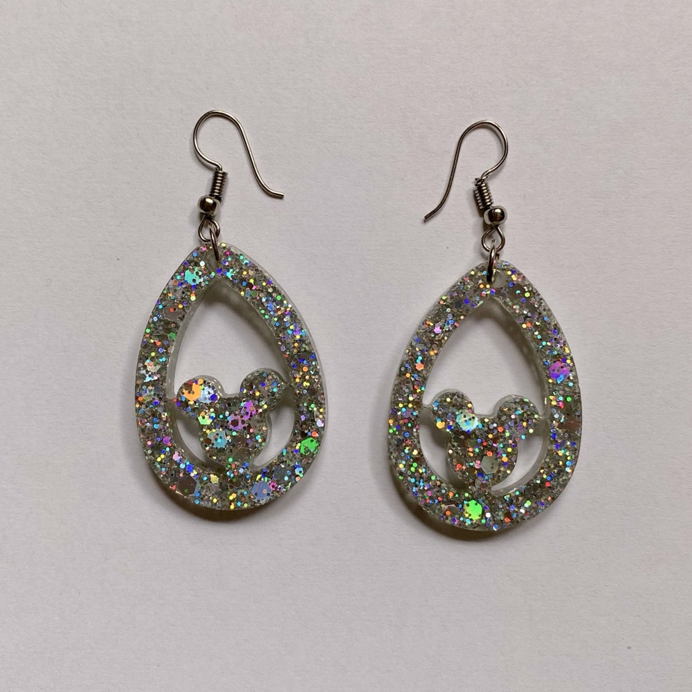 Silver Glitter Mickey Mouse Earrings